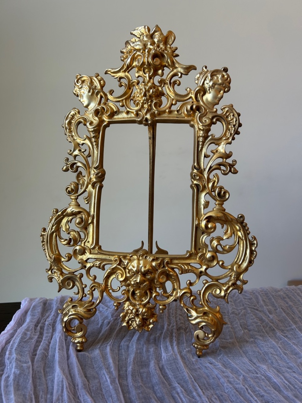 Antique 19th C French Rococo Style Broze Frame With Cherubs & Lion Adornment